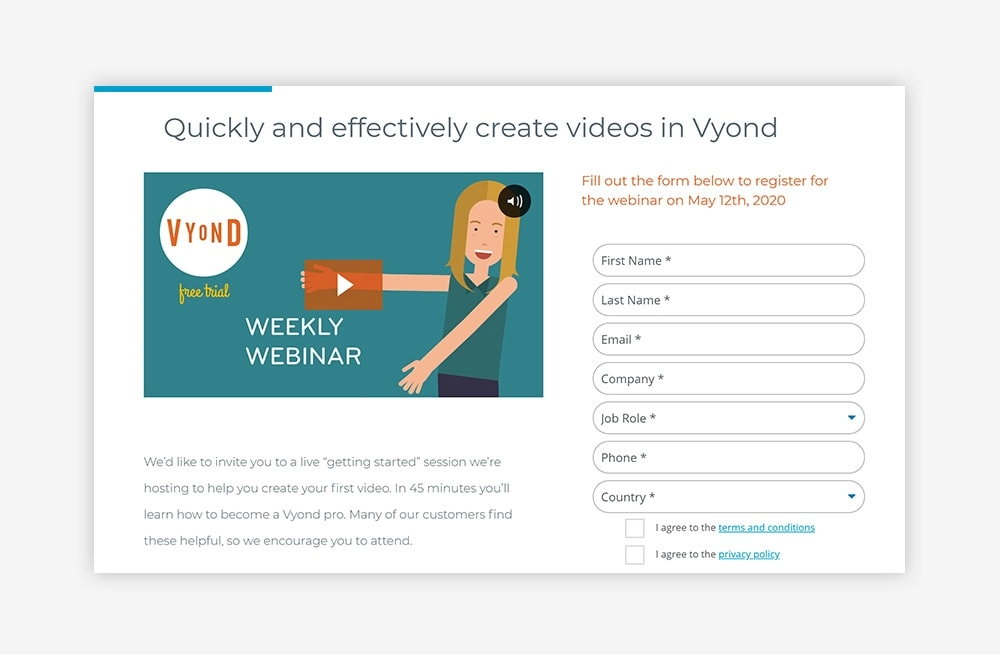 Vyond webinar landing page