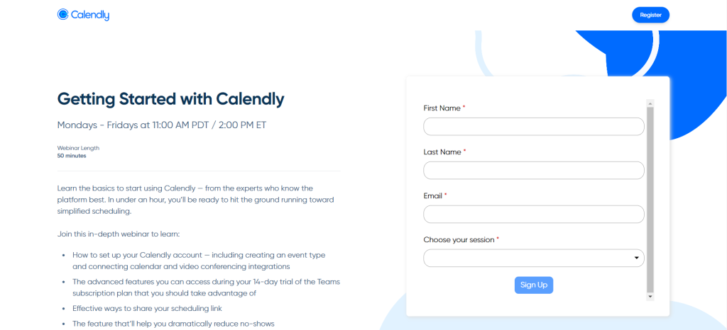 Calendly webinar landing page examples