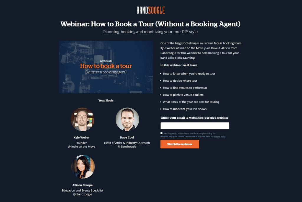 Bandzoogle webinar landing page examples