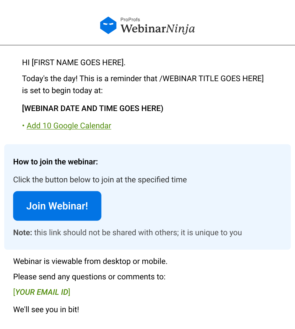 Live Webinar Day Emails