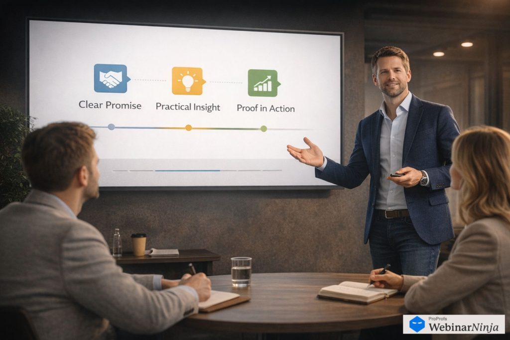 Business presenter standing beside a slide showing &ldquo;Clear Promise, Practical Insight, Proof in Action&rdquo; during a WebinarNinja presentation, illustrating a structured webinar strategy used to communicate value and guide audiences through educational webinar content.