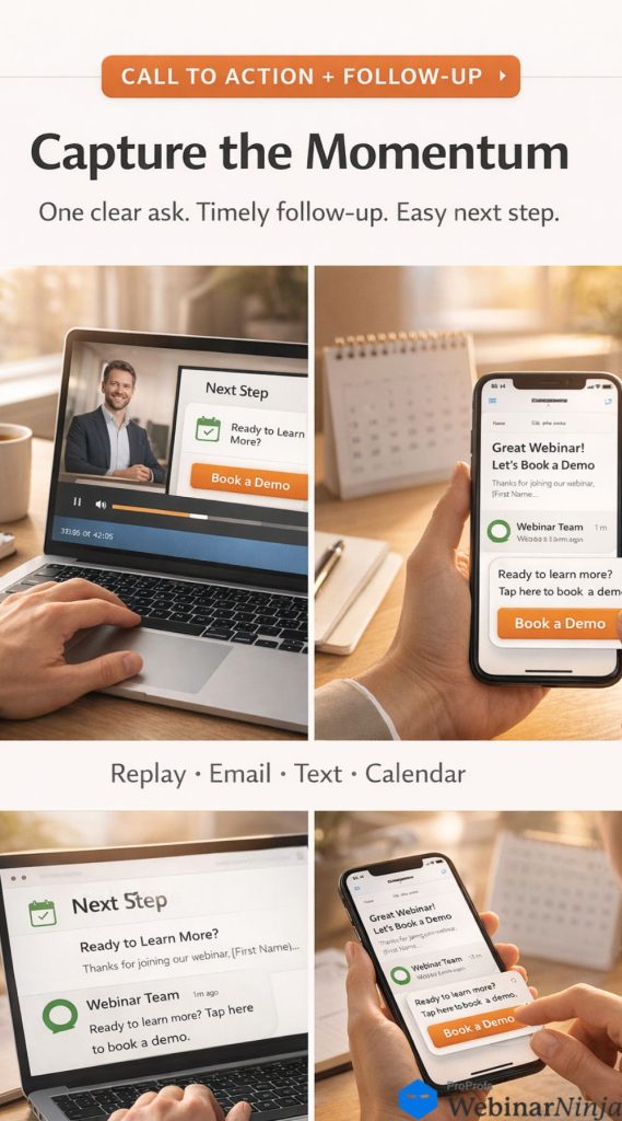 Laptop and smartphone screens displaying post-webinar demo booking messages and follow-up notifications created with WebinarNinja, representing a conversion-focused webinar strategy that captures momentum through email, text, and calendar follow-ups.