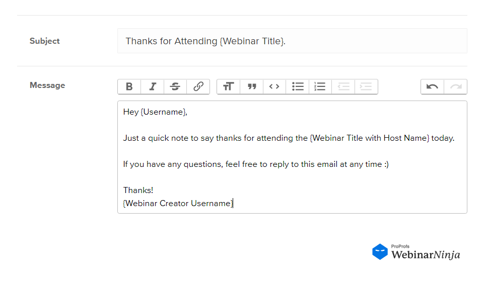 Sample of a webinar follow-up email on WebinarNinja