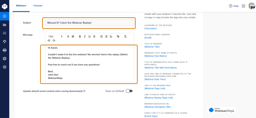 How to write a body for webinar follow-up email on WebinarNinja
