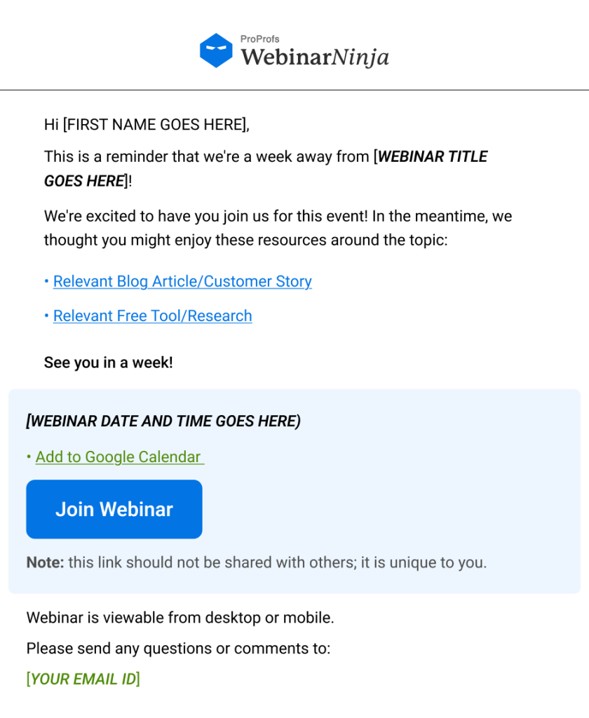WebinarNinja webinar reminder email template showing a one-week reminder message with join webinar button, calendar link, and resource links, illustrating an effective webinar strategy for increasing attendance and engagement before a live event.