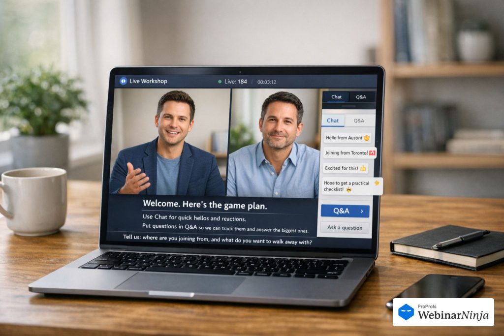 Professional webinar host wearing a headset and speaking to the audience while monitoring a webinar moderation dashboard on a laptop, demonstrating how to moderate a webinar with WebinarNinja by managing agenda flow, answering questions, and guiding audience participation.