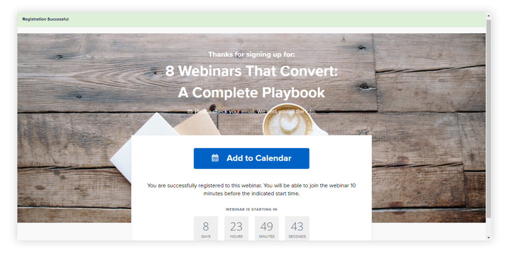 Webinar registration page with calendar invites